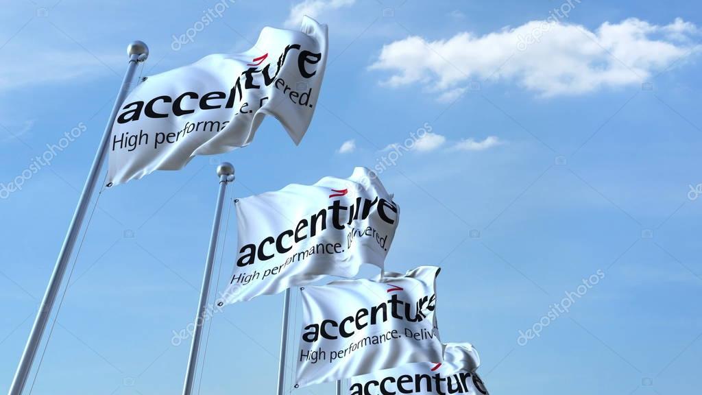Waving flags with Accenture logo against sky, editorial 3D