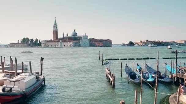 VENISE, ITALIE - 8 AOÛT 2017. Gondoles ancrées près de San Marco squre et lointaine San Giorgio Maggiore île — Video