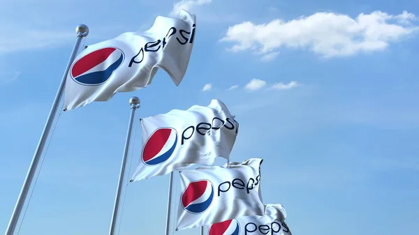 Waving flags with Pepsi logo against sky, editorial 3D rendering — Stok Foto