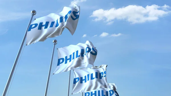 Bandiere sventolanti con logo Philips contro il cielo, rendering editoriale 3D — Foto Stock
