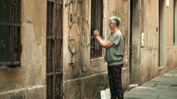 PULA, CROACIA - 4 de agosto de 2017. Mujer alegre acariciando gato — Vídeos de Stock