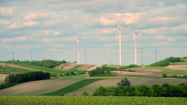 Pole v Rakousku a vzdálené větrné turbíny — Stock video