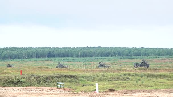 Slow motion shot of moving Russian army anti-aircraft self-propelled systems — Stock Video