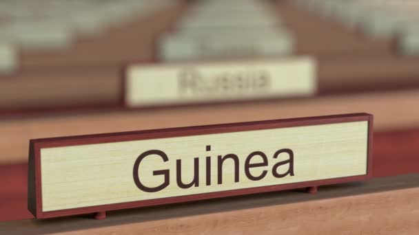 Signo de nombre de Guinea entre diferentes países placas en la organización internacional — Vídeo de stock