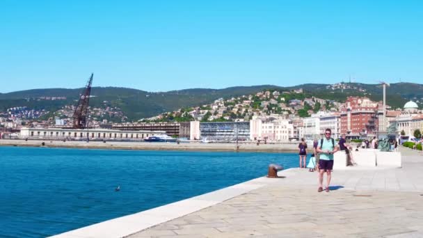 TRIESTE, ITALIA - 11 de agosto de 2017. Muelle, puerto y vista panorámica de la ciudad — Vídeos de Stock