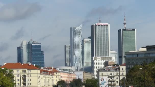 WARSAW, POLAND - SEPTEMBER 8, 2017. City business district modern high-rise buildings — Stock Video