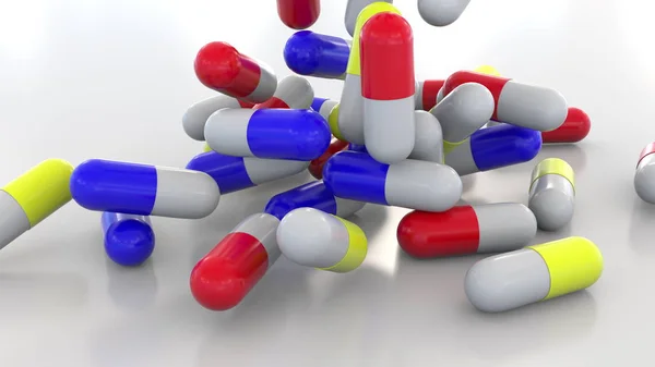 Falling multicolor drug capsules or pills. 3D rendering — Stock Photo, Image