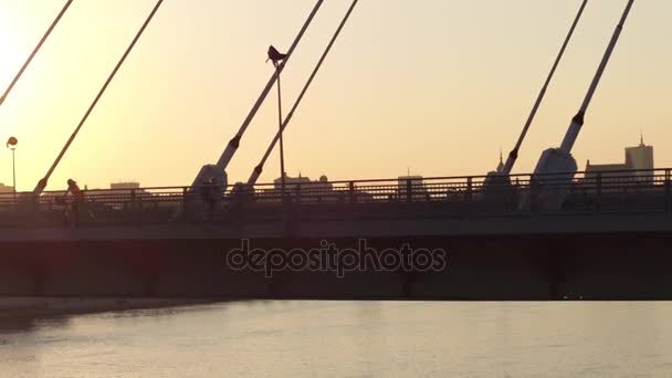 Zdjęcia lotnicze z rowerzystów i samochody poruszające się po nowoczesne radiowy most nad rzeką Wisłą przeciwko skyline Warszawy — Wideo stockowe