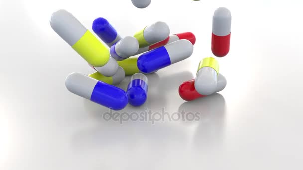 Falling multicolor drug capsules or pills — Stock Video