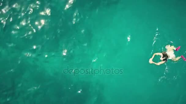 Luchtfoto top-down mening van een mooie jonge vrouw die zwemmen in de zee — Stockvideo