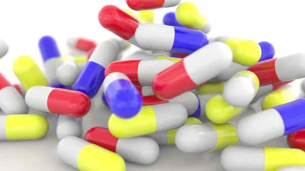 Falling colorful drug capsules or pills, shallow focus. 3D rendering — Stock Photo, Image