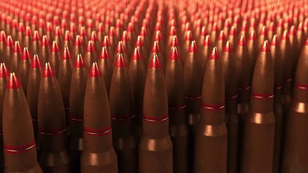 Gran suministro de conchas o cartuchos, renderizado 3D. Guerra, munición, conceptos de agresión — Foto de Stock