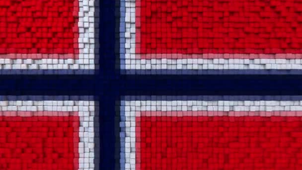 Стилизованный мозаичный флаг Норвегии, выполненный из движущихся пикселей, бесшовного кольцевого фона — стоковое видео