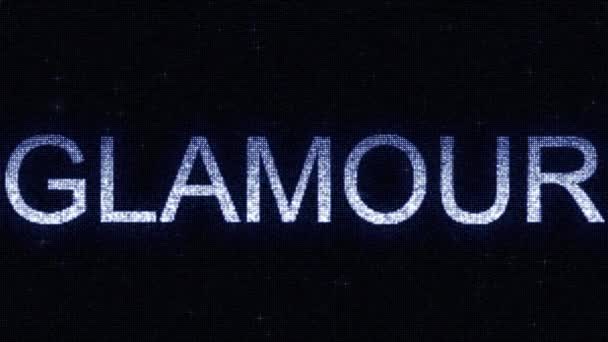 Медиаэкран с сияющей белой и синей надписью GLAMOUR, петельным фоном движения — стоковое видео