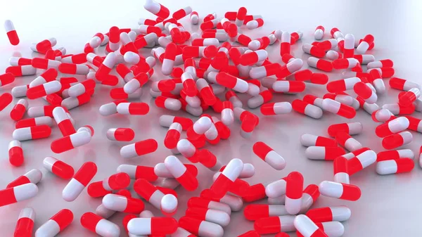 Pouring red and white drug capsules or pills. 3D rendering — Stock Photo, Image