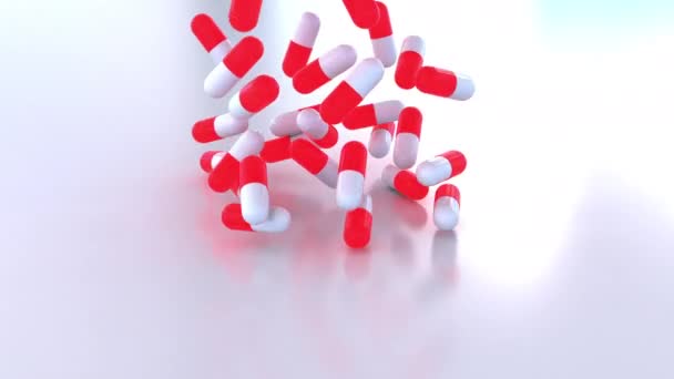 Verter cápsulas ou comprimidos de medicamentos vermelhos e brancos — Vídeo de Stock