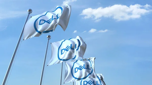 Bandiere sventolanti con logo Dell contro il cielo, rendering editoriale 3D — Foto Stock