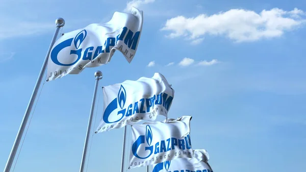 Bandiere sventolanti con logo Gazprom contro il cielo, rendering editoriale 3D — Foto Stock