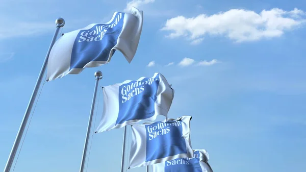 Bandiere sventolanti con logo Goldman Sachs contro il cielo, rendering editoriale 3D — Foto Stock
