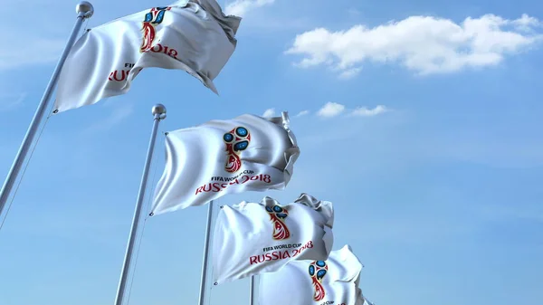 Mehrere schwenken Fahnen mit dem FIFA-WM-Logo 2018. redaktionelles 3D-Rendering — Stockfoto