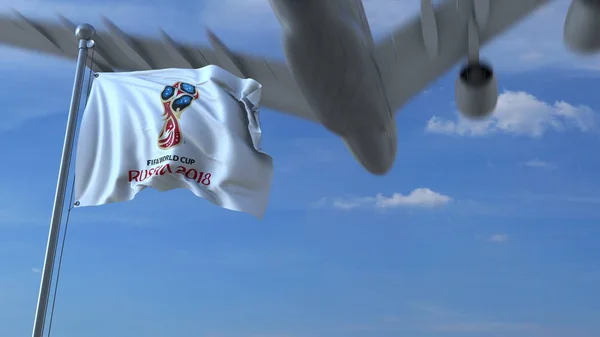 Grande aereo commerciale che viaggia in Russia per sventolare bandiera con il logo della Coppa del Mondo FIFA 2018. Rendering editoriale 3D — Foto Stock