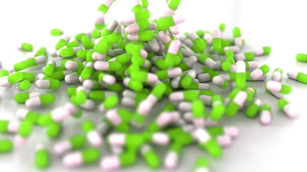 Green and white drug capsules or pills scattering on the table. 3D rendering — Stock Photo, Image