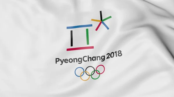 Waving flag med 2018 Winter Olympics logo. Redaktionel 3D-gengivelse - Stock-foto