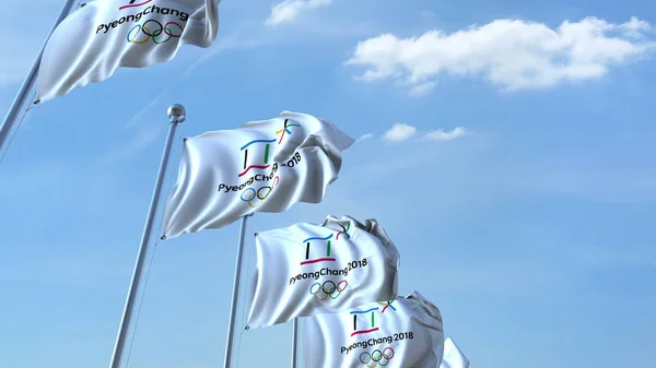 Bandeiras onduladas múltiplas com o logotipo dos Jogos Olímpicos de Inverno de 2018 PyeongChang. Renderização 3D editorial — Fotografia de Stock