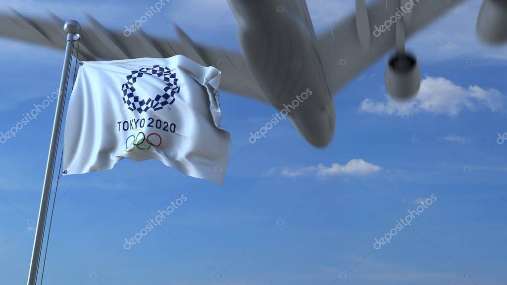 Big commercial airplane traveling to Japan over waving flag with 2020 Summer Olympics logo