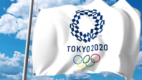 Sallayarak bayrak ile 2020 Yaz Olimpiyatları logosu bulutlar ve gökyüzü karşı. Editoryal 3d render — Stok fotoğraf