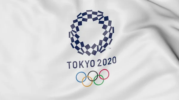 Mengibarkan bendera dengan logo Olimpiade Musim Panas 2020 dengan latar belakang biru. Perenderan 3D Editorial — Stok Foto