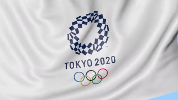 Sventolando bandiera con 2020 Olimpiadi estive logo sullo sfondo blu. Animazione editoriale 4K, loop senza soluzione di continuità — Video Stock