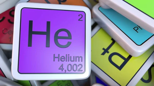 Helium blok op de stapel van periodieke tabel van de chemische elementen blokken. Chemie gerelateerde 3D-rendering — Stockfoto