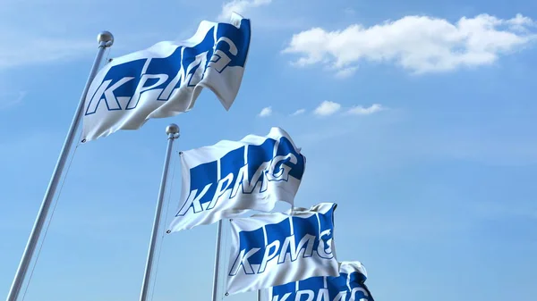 挥舞着国旗与毕马威国际会计公司徽标的天空，编辑 3d 渲染 — 图库照片