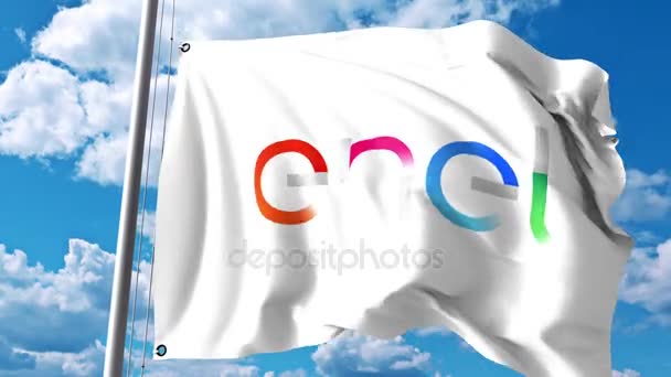 Macha flagą z logo Enel przeciwko chmury i niebo. 4 k redakcji animacji — Wideo stockowe