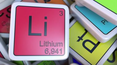 Lithium block on the pile of periodic table of the chemical elements blocks. Chemistry related 3D rendering clipart