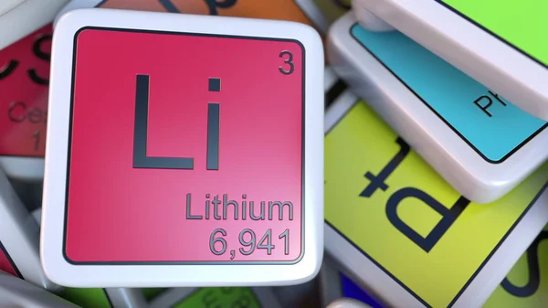 Blocco di litio sulla pila di tavola periodica dei blocchi di elementi chimici. Rendering 3D correlato alla chimica — Foto Stock