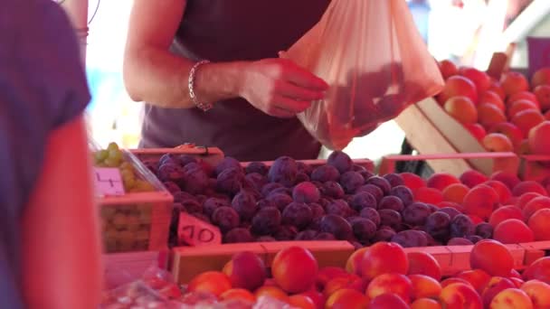 Compra de ciruelas en el mercado — Vídeos de Stock