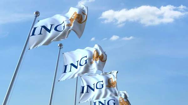 Bandiere sventolanti con logo ING contro il cielo, rendering editoriale 3D — Foto Stock