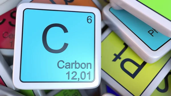 Koolstof blok op de stapel van periodieke tabel van de chemische elementen blokken. Chemie gerelateerde 3D-rendering — Stockfoto