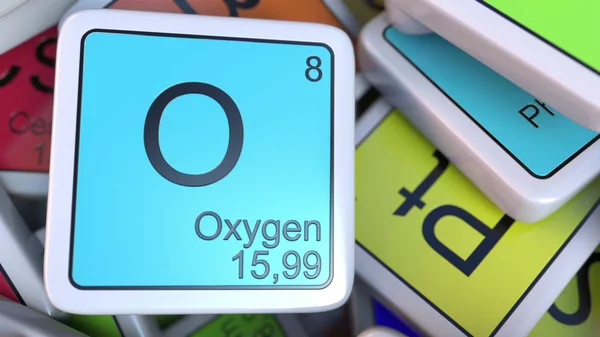 Blocco di ossigeno sulla pila di tavola periodica dei blocchi di elementi chimici. Rendering 3D correlato alla chimica — Foto Stock