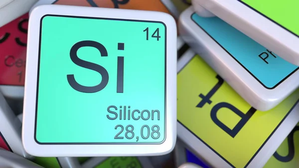 Bloco de silício na pilha de tabela periódica dos blocos de elementos químicos. Renderização 3D relacionada à química — Fotografia de Stock