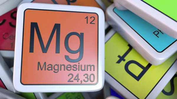 Bloque de magnesio en la pila de tabla periódica de los bloques de elementos químicos. Química relacionada con la representación 3D — Foto de Stock