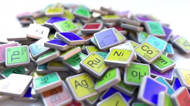 Rubidium Rb block on the pile of periodic table of the chemical elements blocks. Chemistry related intro animation — Stock Video