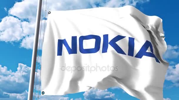 Sventolando bandiera con logo Nokia contro nuvole e cielo. Animazione editoriale 4K — Video Stock