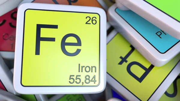Blocco di ferro Fe sul mucchio di tavola periodica dei blocchi di elementi chimici. Rendering 3D correlato alla chimica — Foto Stock