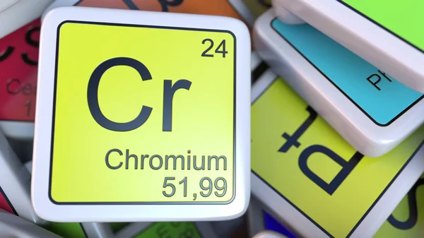 Bloc de chrome Cr sur la pile de tableau périodique des blocs d'éléments chimiques. rendu 3D lié à la chimie — Photo