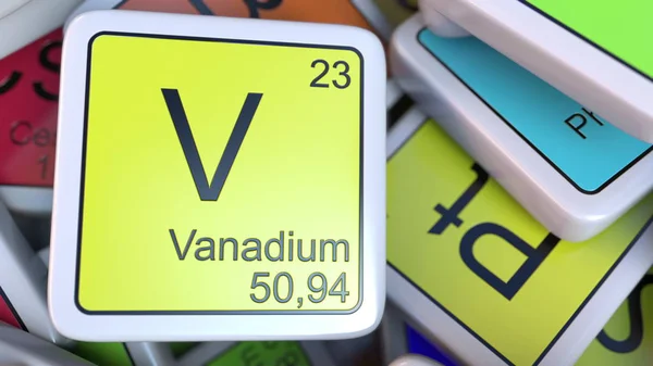 Bloque de vanadio en la pila de tabla periódica de los bloques de elementos químicos. Química relacionada con la representación 3D — Foto de Stock