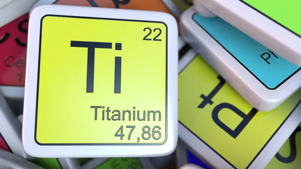 Blocco di titanio sulla pila di tavola periodica dei blocchi di elementi chimici. Rendering 3D correlato alla chimica — Foto Stock