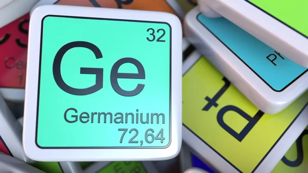 Blocco di Ge germanio sul mucchio di tavola periodica dei blocchi di elementi chimici. Rendering 3D correlato alla chimica — Foto Stock